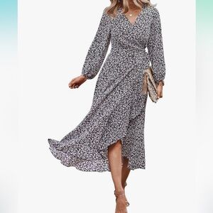 Women’s Long Sleeve Floral Print V Neck Wrap Maxi Dress With Belt, size large